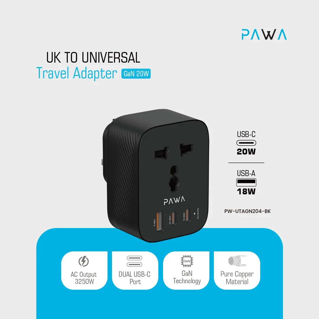 Pawa UK to UNIVERSAL Travel Adapter GAN 20W.(PW-UTAGN204-BK) Pawa UK to UNIVERSAL Travel Adapter GAN 20W.(PW-UTAGN204-BK)